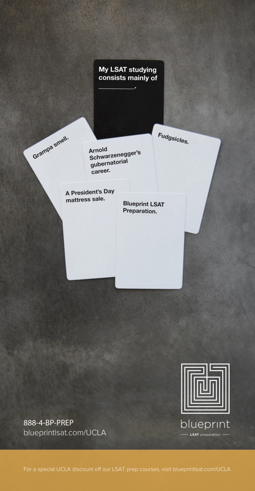 Blueprint LSAT Prep ad styled as a Cards Against Humanity card