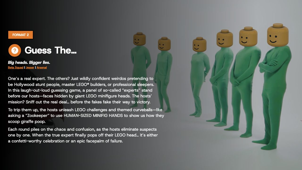 A row of people in green bodysuits wearing oversized LEGO minifigure heads